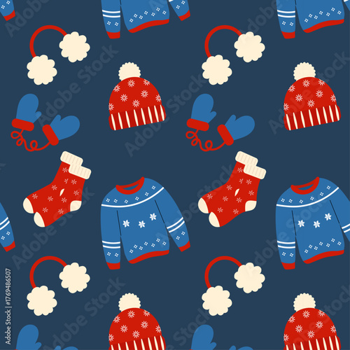 Seamless winter pattern with cozy sweaters, knitted hats, mittens, socks and earmuffs. Cute festive design perfect for textiles, wrapping paper, cards and holiday decor.