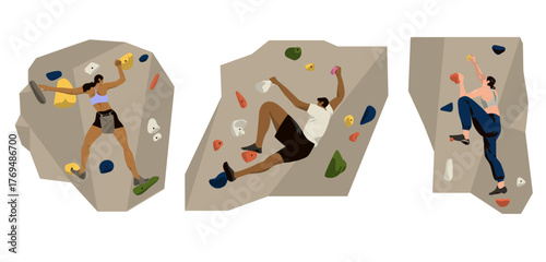 Climbers on bouldering walls set. Mountain climbing up, extreme sport activity. Mountaineers athletes training indoors. Flat graphic vector illustration isolated on white background.