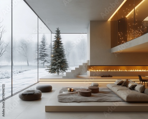 christmas hygge interior minimalist smart home with eco materials and AI-managed lighting for cozy ambiance, futuristic sci-fi inspired