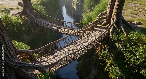 Enchanting Living Root Bridges Spanning a Serene River in a Lush Forest.