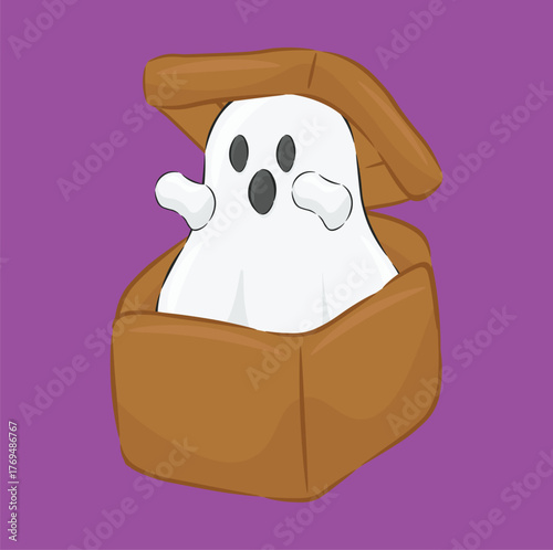 illustration of a ghost coming out of a box, cute cartoon ghost