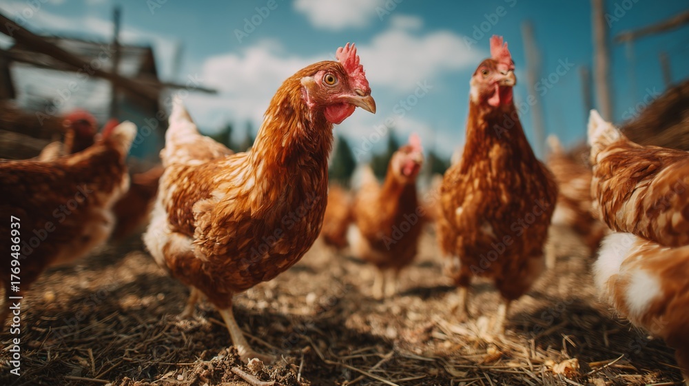 Fototapeta premium Free-range chickens roaming in a sunny farm environment with blue skies and straw in the ground, showcasing natural poultry farming practices and animal welfare.