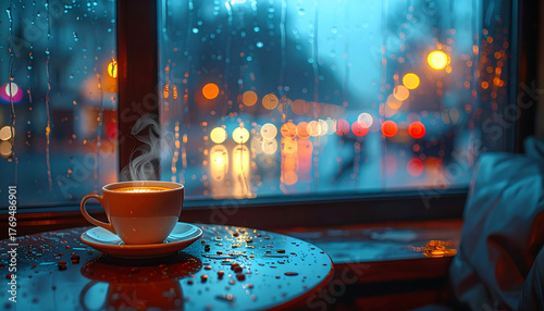 Wallpaper Mural Cozy cafe interior with steaming hot coffee on wooden table, rainy window reflecting city lights, warm inviting atmosphere, evening relaxation, tranquil urban escape Torontodigital.ca