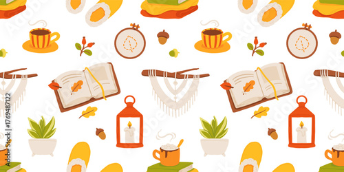 Cozy autumn flat vector seamless pattern with warm home decor, hot drinks, books, candle lantern, slippers, macrame, indoor plant and embroidery hoop. Hygge style fall illustration