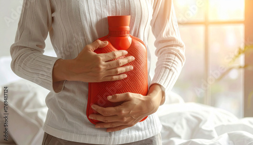 Wallpaper Mural Hands holding red hot water bottle on stomach, cozy indoor setting with sunlight, soothing pain relief, comfort, and relaxation in calm bedroom environment Torontodigital.ca