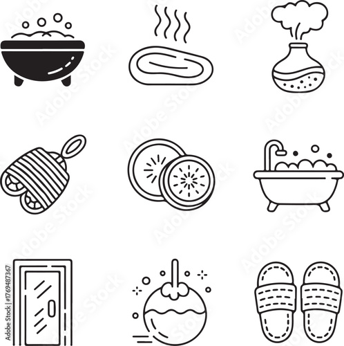 Set of nine line art home spa features with transparent background wellness relaxation