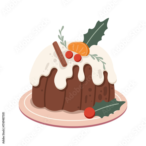 Vector illustration of a classic Christmas pudding topped with white icing or brandy butter, holly leaves, berries, cinnamon stick, and an orange slice. Festive food decor element