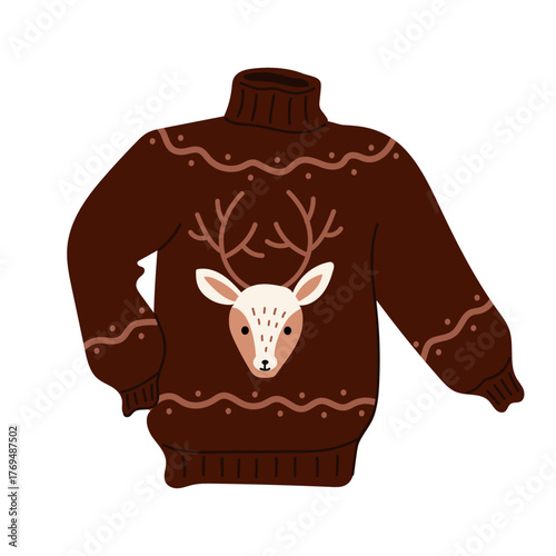 Illustration of cozy and festive  Christmas sweater in brown, featuring a cute deer head with antlers. Festive winter decor element isolated