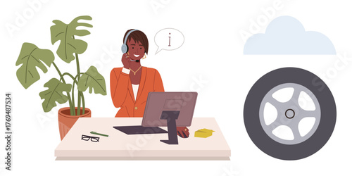 Agent wearing headset answering questions at desk with a plant and computer monitor. Ideal for customer service, auto repair, online support, help desk, communication, assistance, simple flat