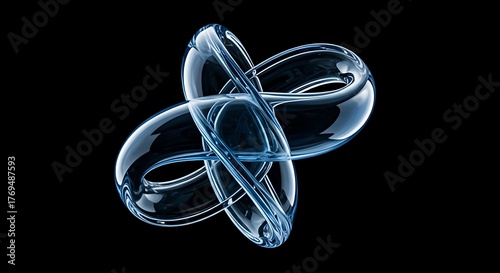 Blue glass knot sculpture on black background, glossy abstract loops with reflections, 3D render