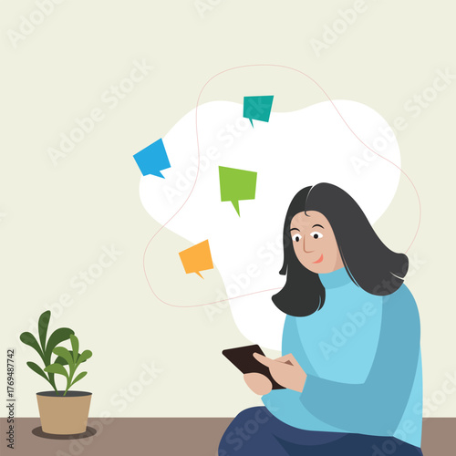 A girl watching social media or chatting on phone, mobile addiction abstract vector,  a person scrolling social media, browsing while sitting, walking, speech bubble around her