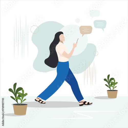 A girl watching social media or chatting on phone, mobile addiction abstract vector,  a person scrolling social media, browsing while sitting, walking, speech bubble around her