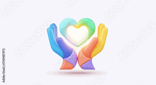 Colorful hands forming a heart shape in a supportive gesture on a plain white background with a symbol of unity and care.