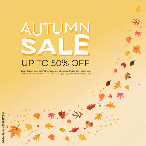 Set of Fall leaves, leaves falling during fall, autumn season yellow  and orange leaves, Autumn sale, up to 30, 40, 50% off, theme background, clean premium vector layout