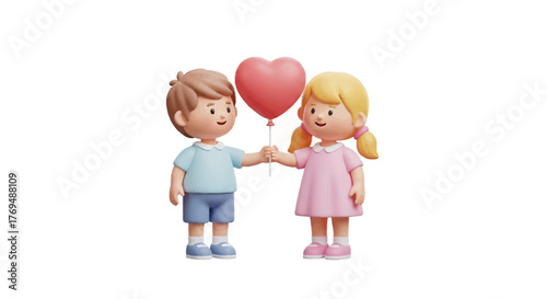 A cartoon boy and girl holding hands with a heart-shaped balloon on a white background with a sweet and innocent mood.