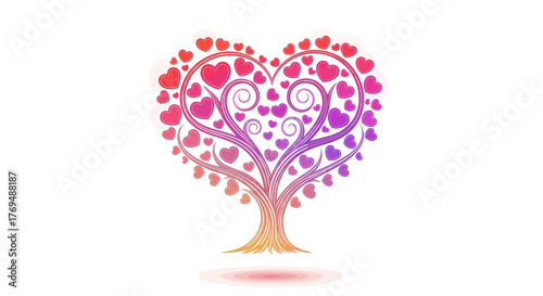 Colorful heart-shaped tree with swirling branches and multicolored hearts on a white background.