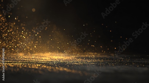 luxurious golden dust and sparkling light particles floating on dark background, elegant festive atmosphere, cinematic lighting