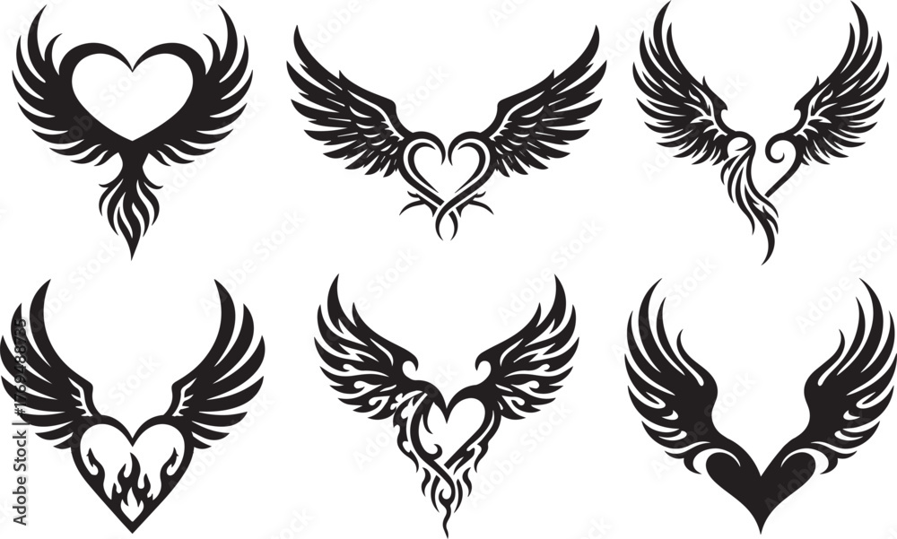 Fototapeta premium Tribal heart wings tattoo vector silhouette set