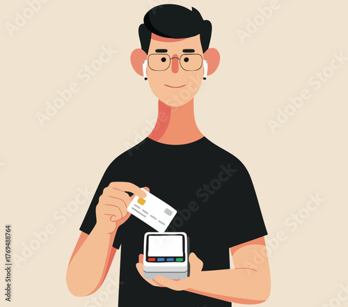 Young man making a cashless payment using a credit card terminal illustration.