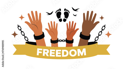 Illustration of Raised Hands with Broken Chains, Freedom Banner, Footprints, and Bird Silhouettes