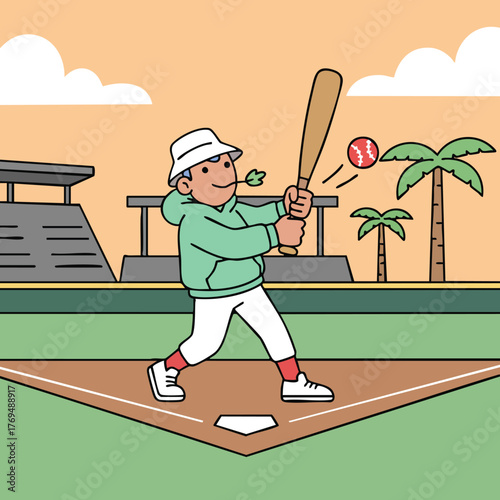 Casual person hitting a baseball on a diamond with palm trees at sunset illustration.