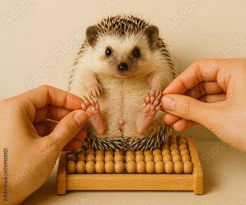 足つぼマットに乗ってリラックスするハリネズミのユニークな写真
