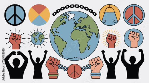 Illustration of Unity, Peace, and Global Freedom Raised Fists, Earth, Silhouettes, and Peace Symbols