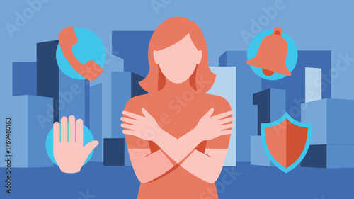 Illustration Woman Protecting Herself Against Distractions of Phone, Notifications, and Security Risks in Cityscape