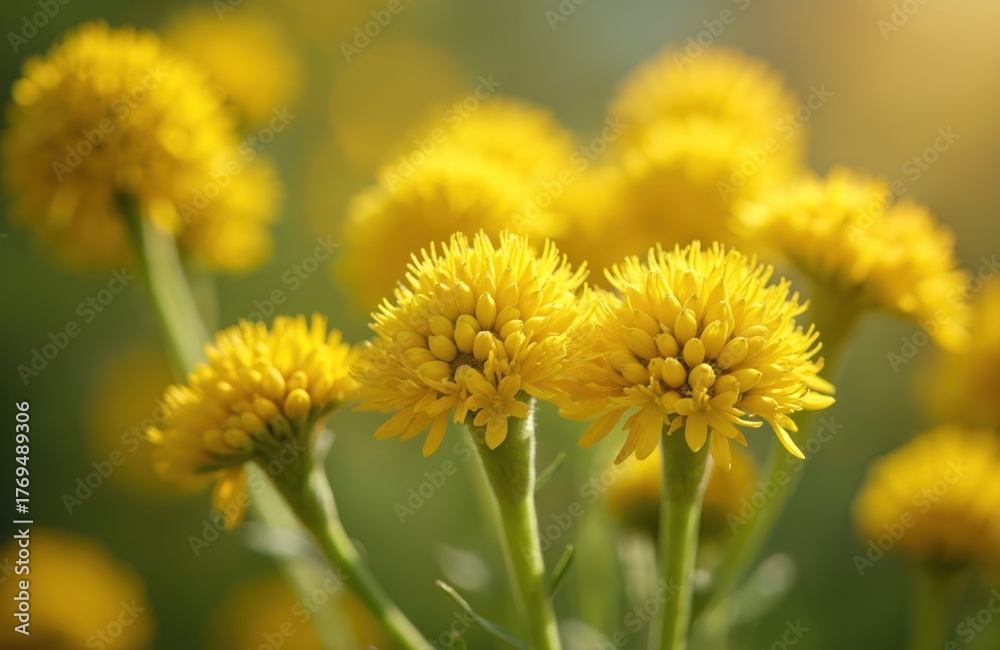 Fototapeta premium Close up of dyer woad flowers. Isatis tinctoria known as glastum in bloom during spring. Woad is dye herb with yellow petals, medicinal and agricultural plant.