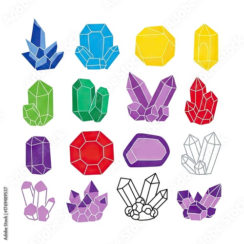 Colorful Gemstone Crystal Collection on White Background in Flat Vector Style