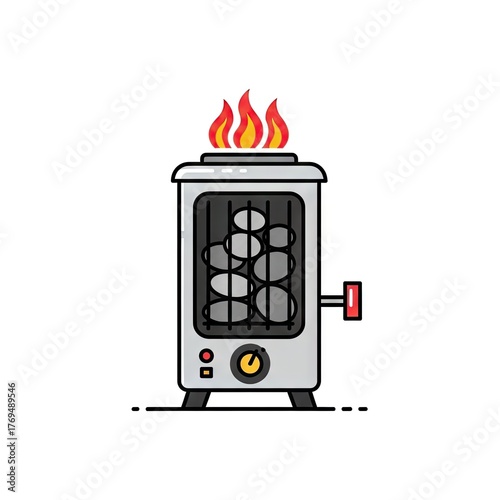 Pixel Art Illustration of a Gray Electric Heater with Orange Flames and Stone Elements on White Background