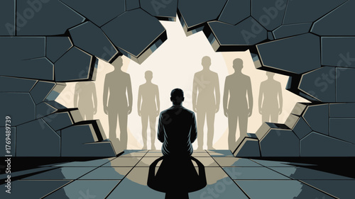 Man Seated Before Shattered Wall Facing Silhouetted Figures, Overcoming Obstacles, Confronting Challenges Illustration