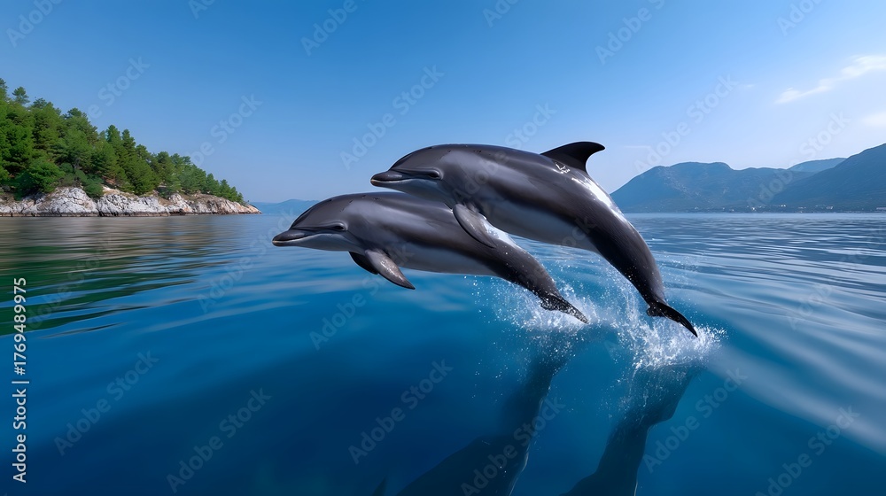 Fototapeta premium Two dolphins joyfully breaching the crystal-clear blue waters of a remote, scenic coastal region.