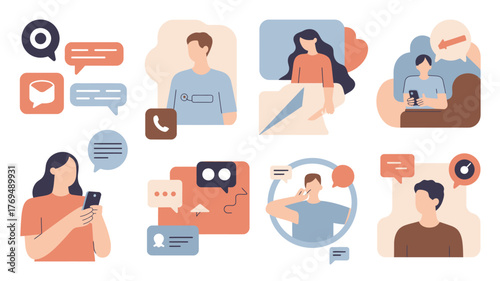 Modern Communication Methods Illustration Diverse Individuals Using Phone, Messaging and Video Conferencing for Connection