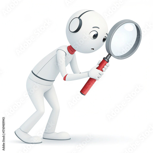 Curious robot examining object with magnifying glass
