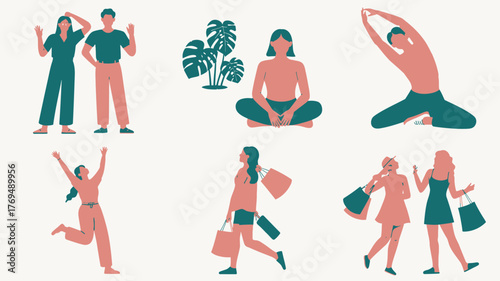 Modern Illustration of People Posing, Meditating, Stretching, Shopping, and Socializing in Pink and Teal Colors
