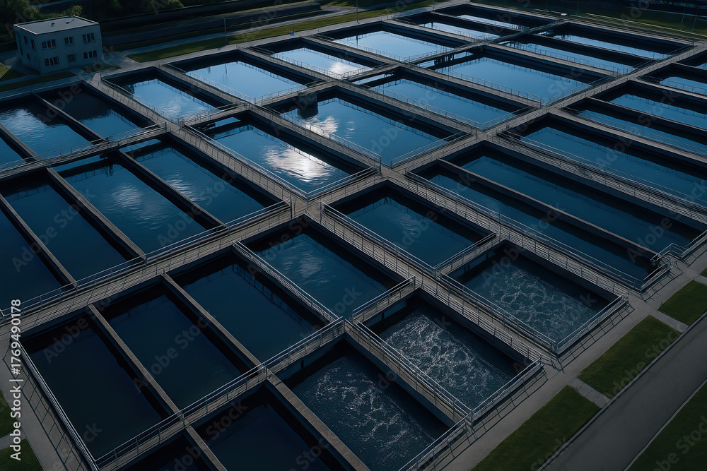 Obraz premium Aerial view of rectangular water treatment basins with walkways and reflections, industrial facility with clear pools and maintenance building, calm blue water and geometric pattern