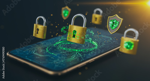 An illustrative image depicts cybersecurity measures, including digital locks and security shields, protecting a smartphone. It shows secure data transfer and privacy.