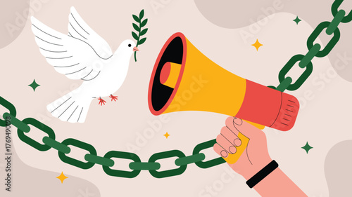 Peace Dove with Olive Branch, Megaphone in Hand Breaking Chains for Freedom Illustration