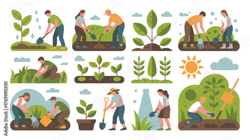 People Gardening and Planting Flat Illustrations of Individuals Working in the Garden Scenery