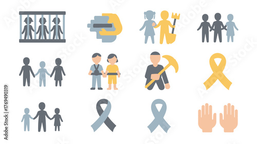People Icons Representing Issues Like Incarceration, Support, Child Labor, and Health Awareness on a White Background