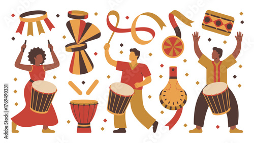 People Playing Traditional African Drums and Instruments in Festive Colors on White Background