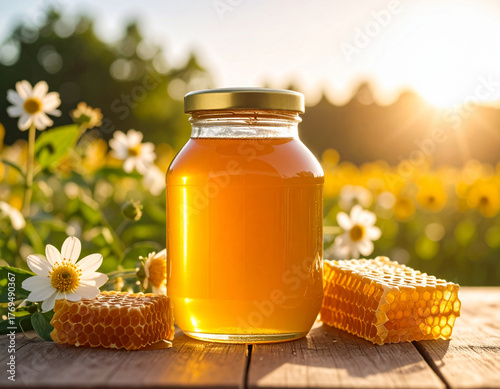 Honeycomb and honey saucer with flowers in sunlight
