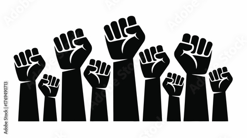 Raised Black Fists in Protest Symbol of Resistance and Solidarity, on White Background