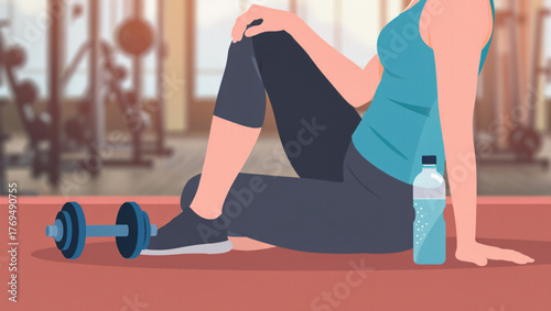 Woman resting after workout with dumbbell and water bottle