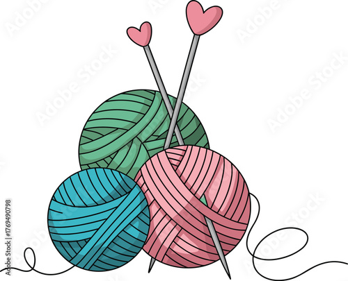 Knitting yarn balls, pink thread with heart needles, colorful wool skeins, cozy craft supplies, textile art, handmade hobby, crochet illustration