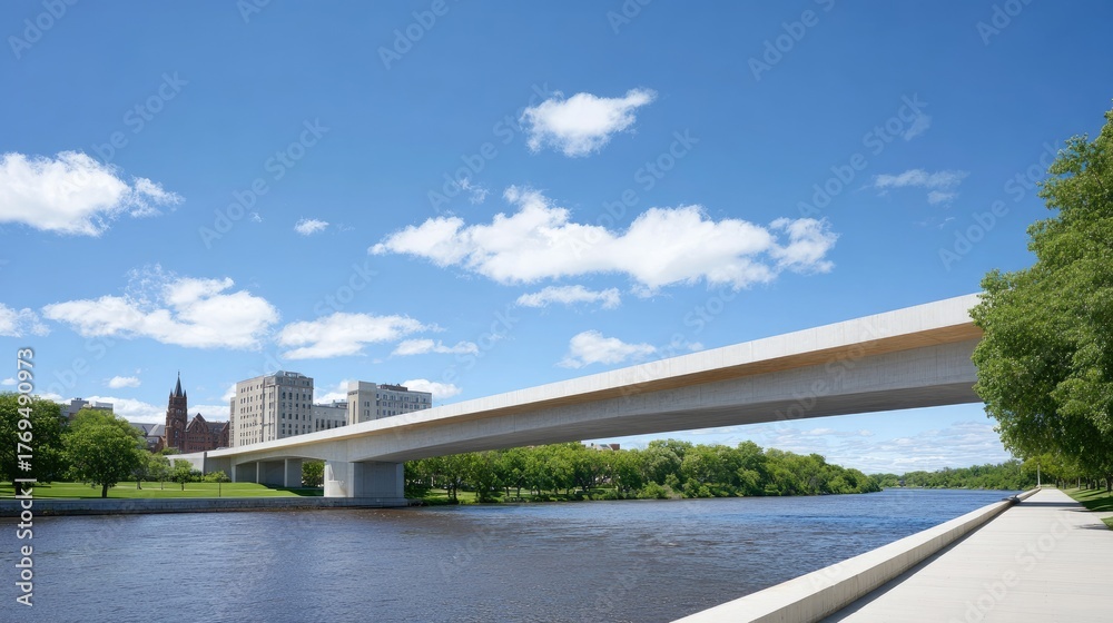 Naklejka premium Modern Bridge Over Calm River Under Clear Blue Sky Surrounded by Lush Green Trees and Scenic Urban Landscape
