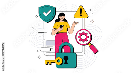 Security and Alertness Woman with Smartphone, Padlock, Magnifying Glass, Shield, and Alert Sign