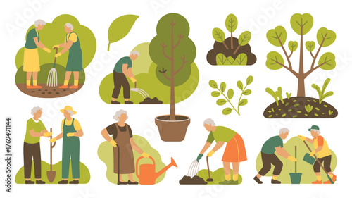 Seniors Gardening Illustration People Planting, Watering, and Caring for Plants in a Stylized Flat Design