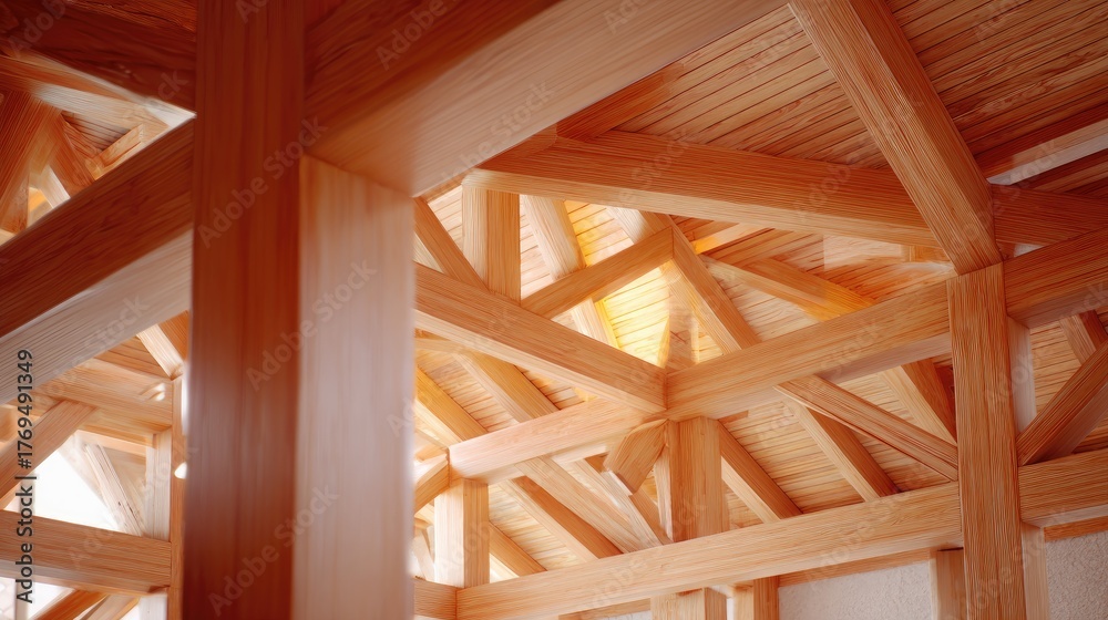 Obraz premium Intricate Wooden Architecture Showcasing Craftsmanship and Design with Exquisite Beams and Supports in a Bright Interior Space